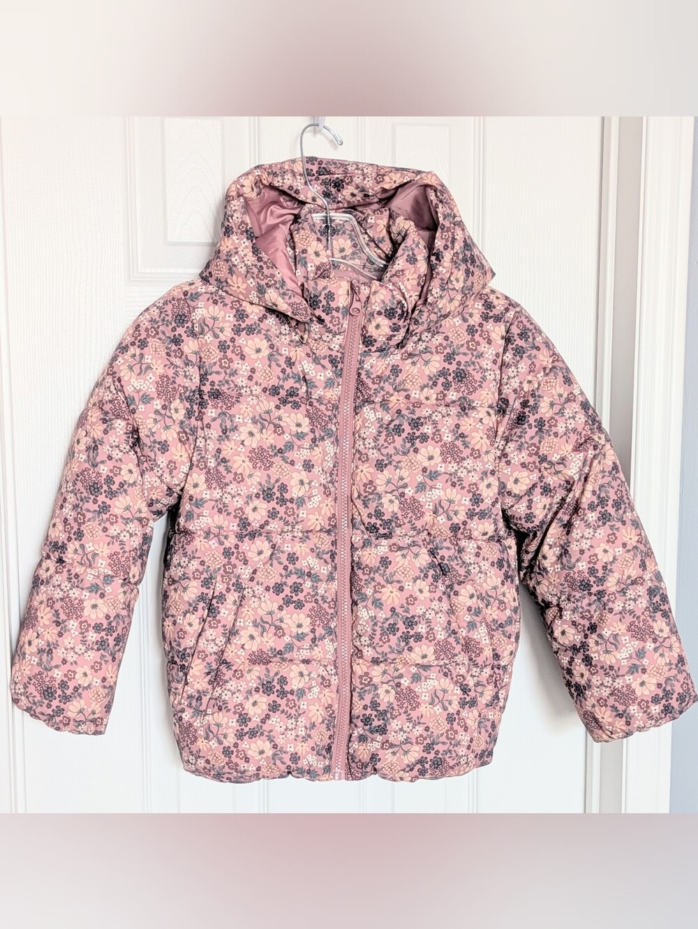 Girls' (6X/7) Dusty Rose Floral Water-Repellent Puffer Jacket w/Removable Hood